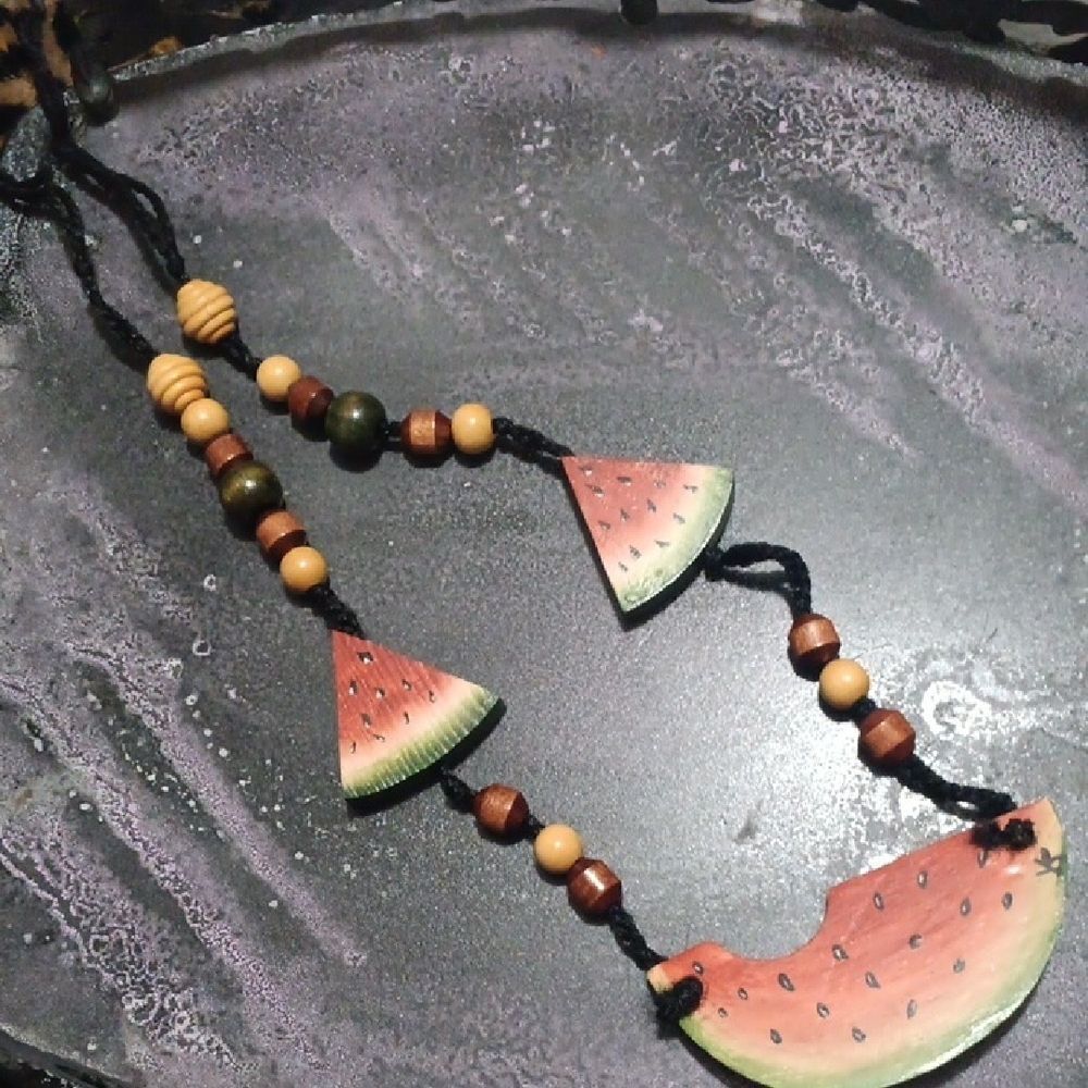 VINTAGE Long Wood Watermelon And Wood Beaded Necklace